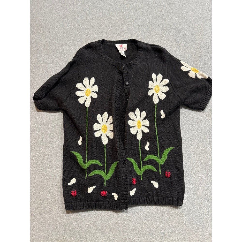 Quacker Factory Womens XL Black Daisy Ladybug Short Sleeve Cardigan Sweater